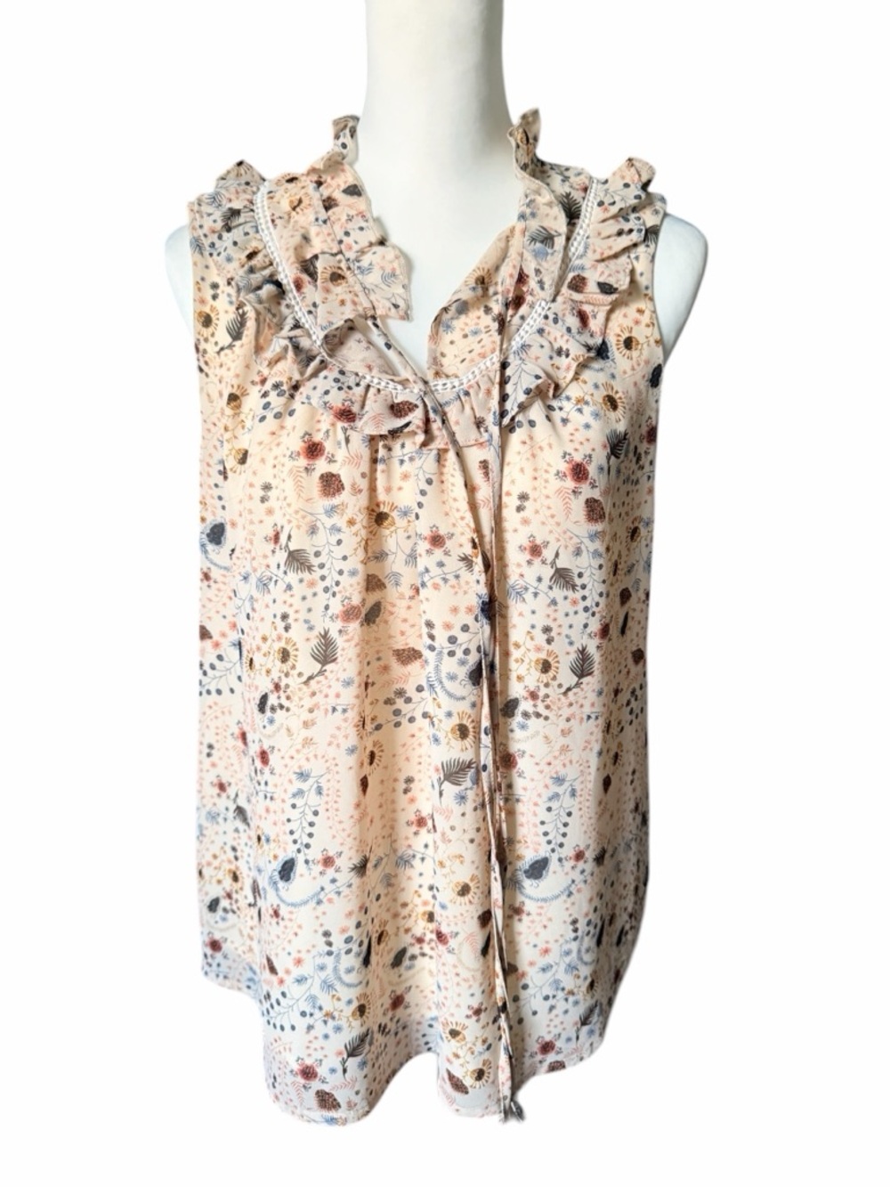 Azel Hazel Haze Cream Floral  Ruffle V-Neck Sleeveless top Large